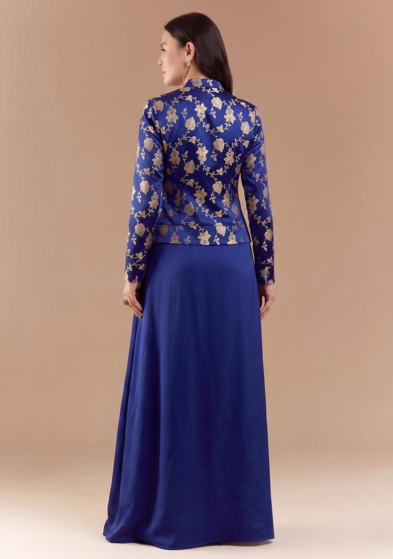 Royal Blue Embroidered Silk Blend Fusion Set - Indya
