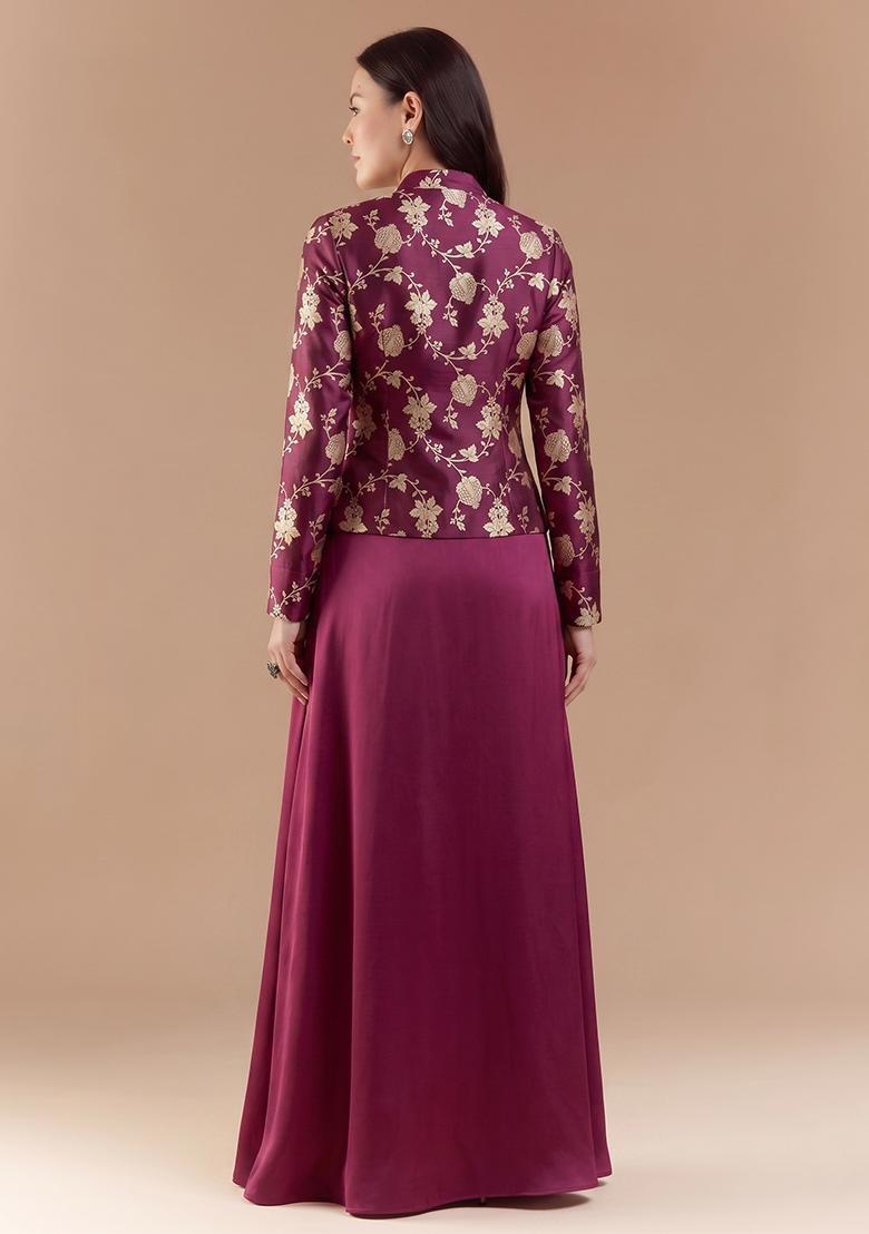 Maroon Red Embroidered Silk Blend Fusion Set - Indya