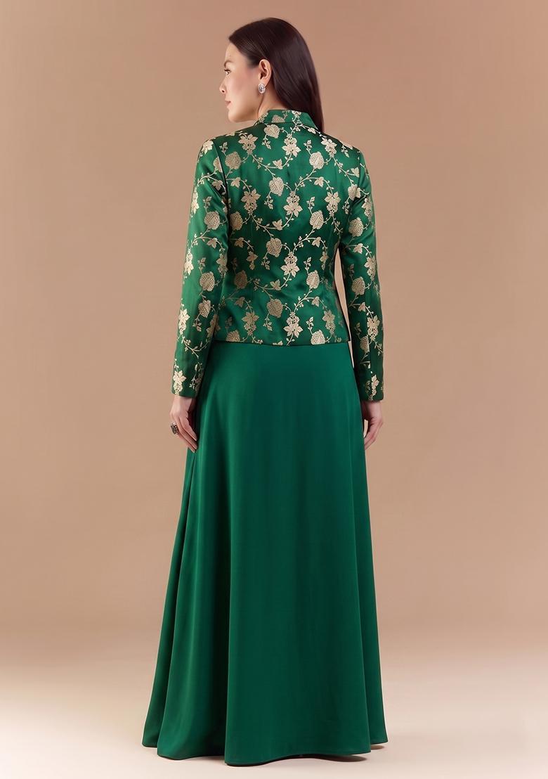 Green Embroidered Silk Blend Fusion Set - Indya