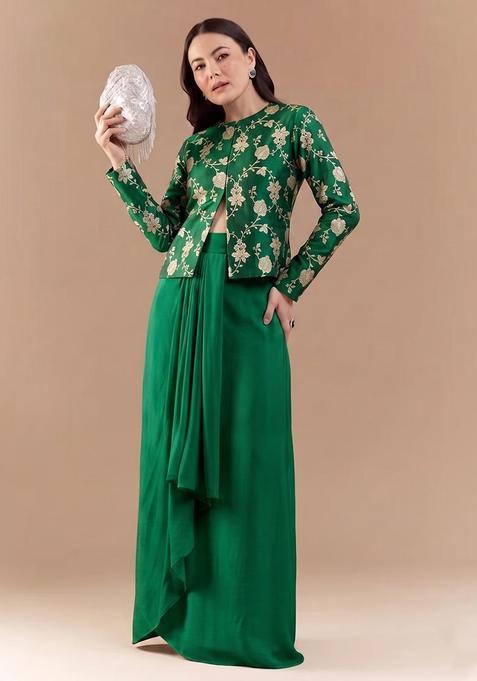Green Embroidered Silk Blend Fusion Set