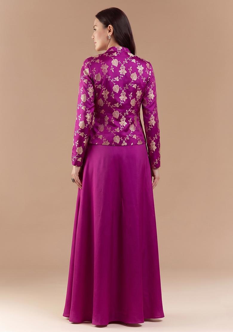 Magenta Pink Embroidered Silk Blend Fusion Set - Indya