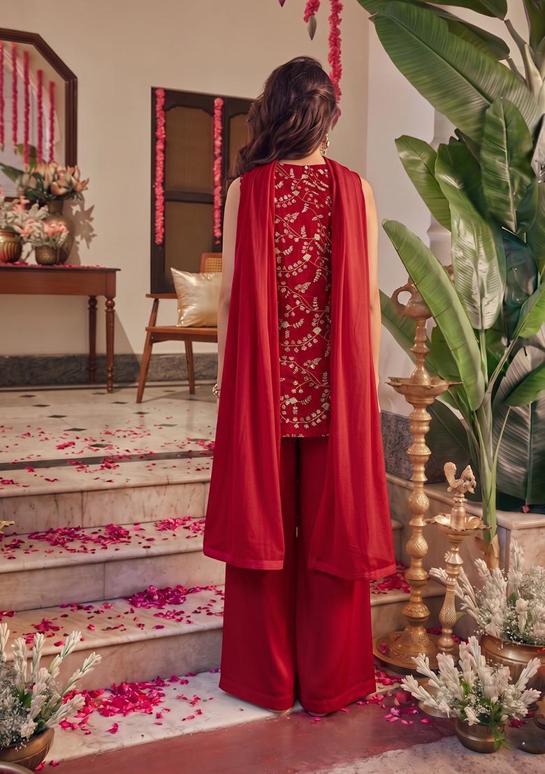 Cherry Red Embroidered Crepe Fusion Set - Indya