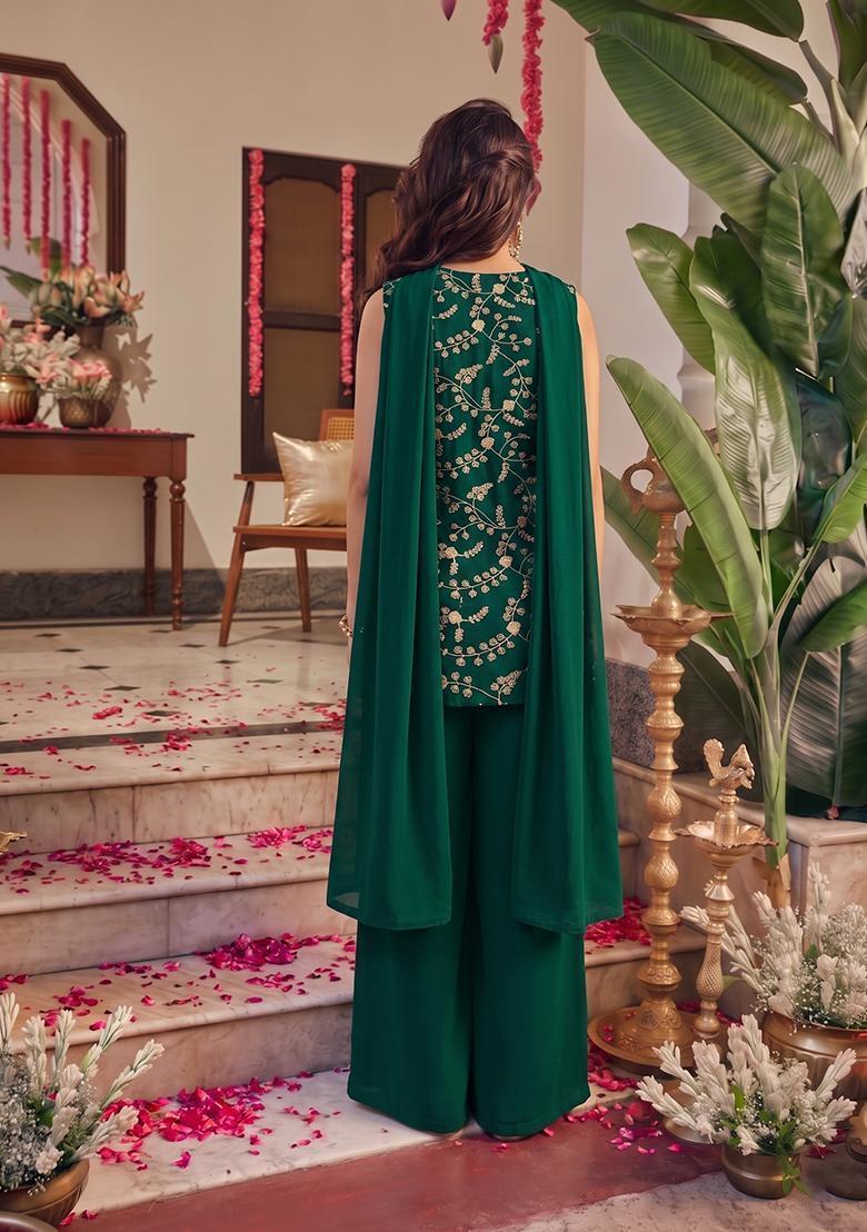 Forest Green Embroidered Crepe Fusion Set - Indya