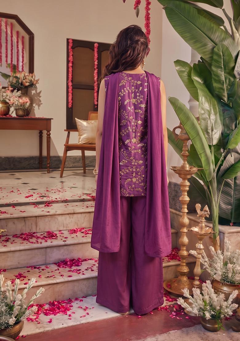Deep Plum Embroidered Crepe Fusion Set - Indya