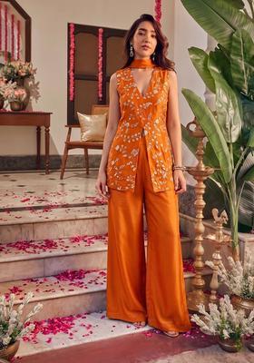Orange Embroidered Crepe Fusion Set