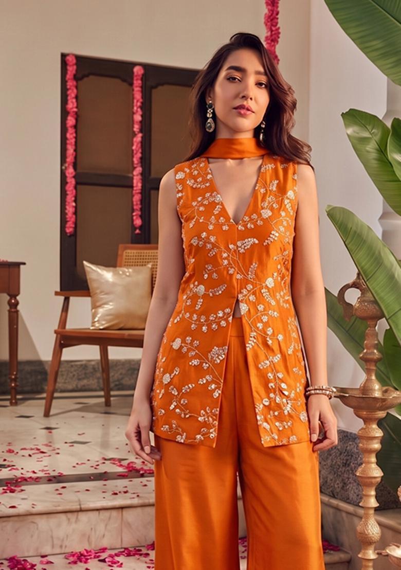 Orange Embroidered Crepe Fusion Set - Indya