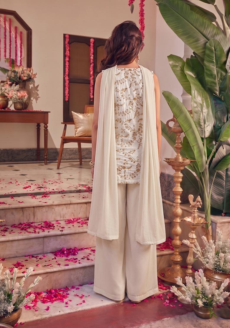 White Embroidered Crepe Fusion Set - Indya