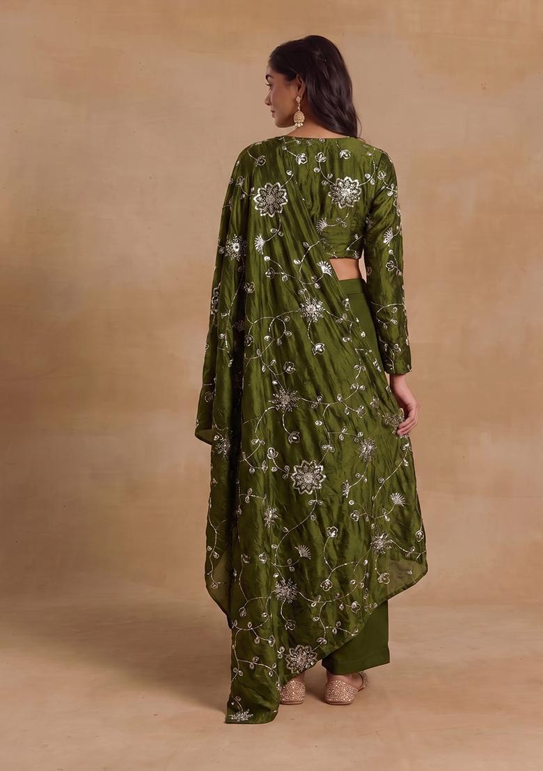 Olive Green Embroidered Silk Blend Fusion Set - Indya