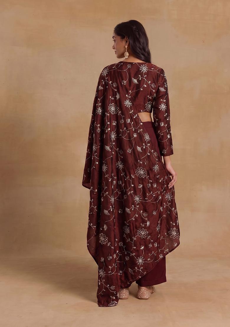Brown Embroidered Silk Blend Fusion Set - Indya