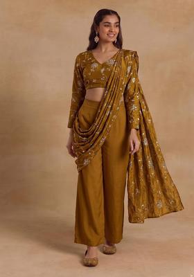 Mustard Yellow Embroidered Silk Blend Fusion Set