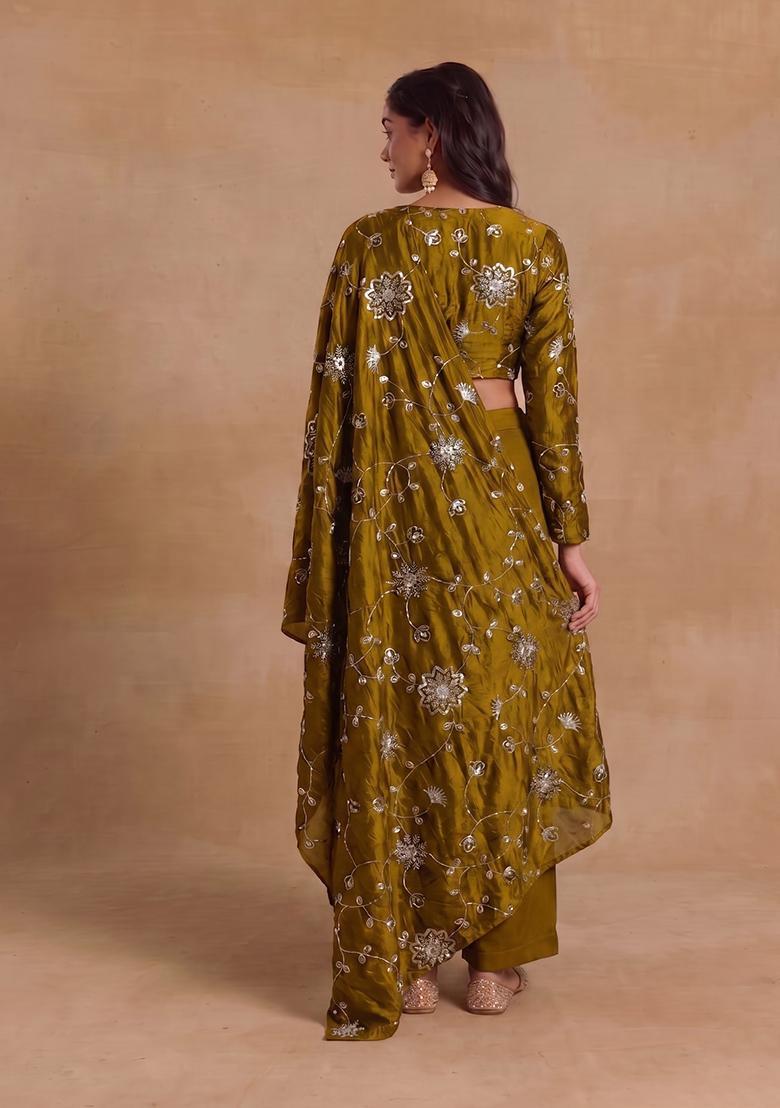 Mustard Yellow Embroidered Silk Blend Fusion Set - Indya