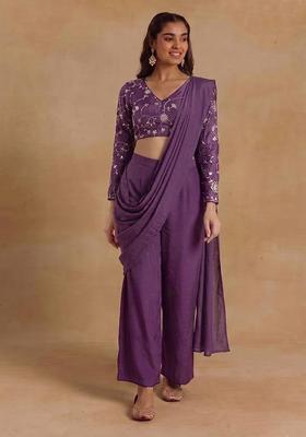 Deep Plum Embroidered Silk Blend Fusion Set