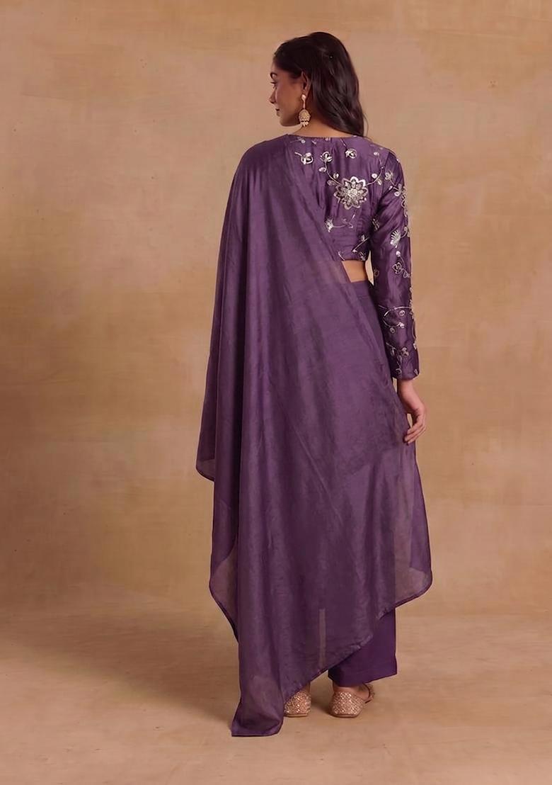 Deep Plum Embroidered Silk Blend Fusion Set - Indya