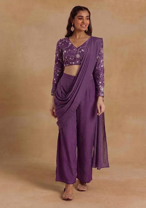 Deep Plum Embroidered Silk Blend Fusion Set