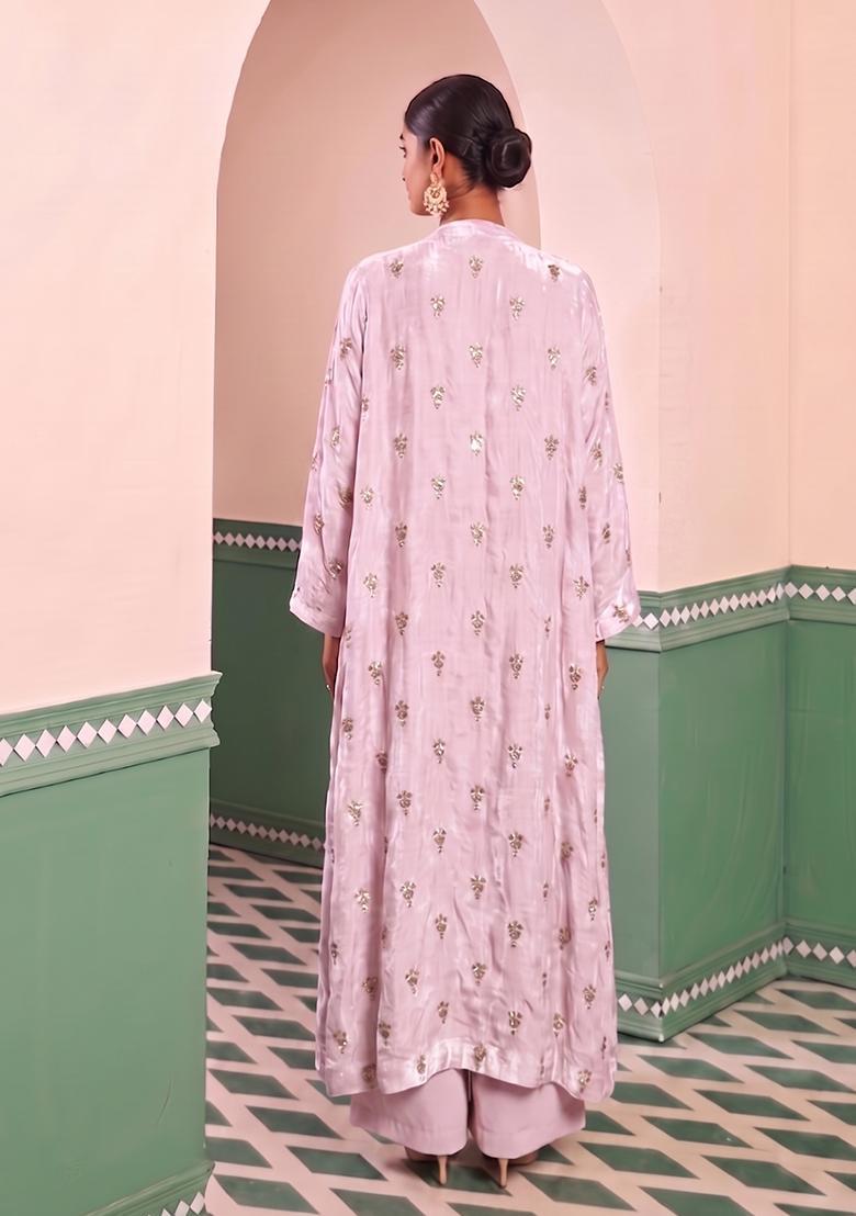 Lavender Pink Embroidered Silk Blend Fusion Set - Indya