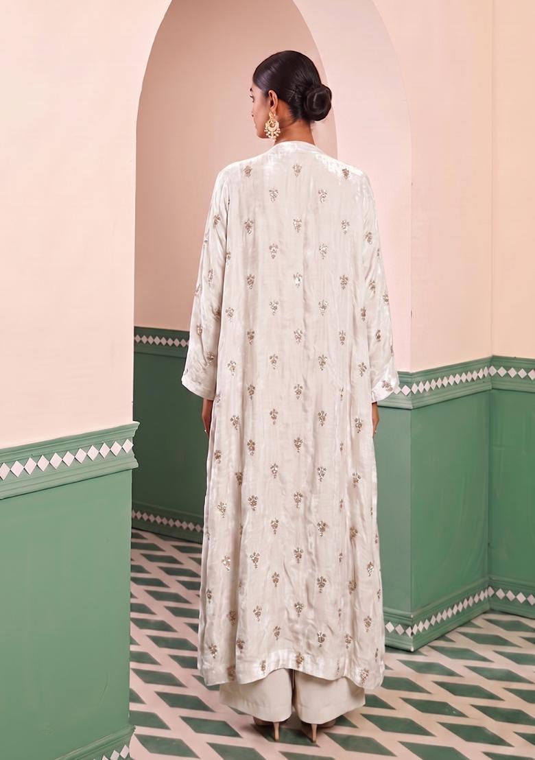 White Embroidered Silk Blend Fusion Set - Indya
