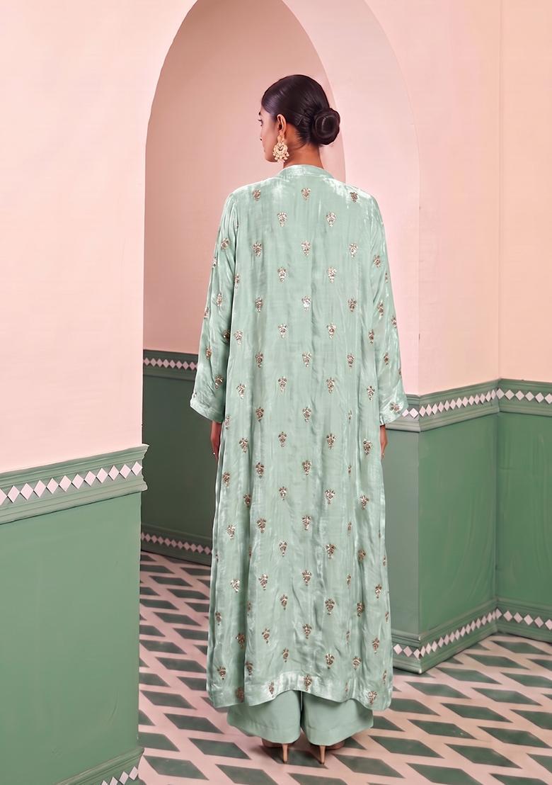 Mint Green Embroidered Silk Blend Fusion Set - Indya