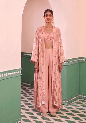 Coral Pink Embroidered Silk Blend Fusion Set