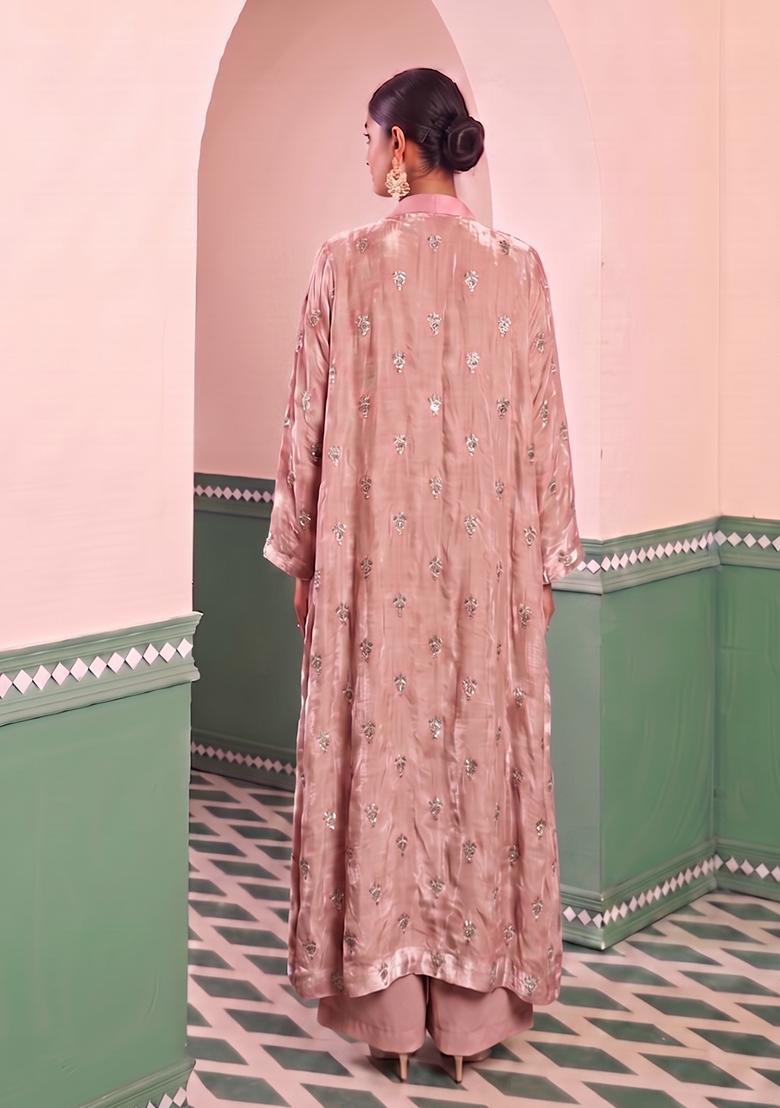 Coral Pink Embroidered Silk Blend Fusion Set - Indya