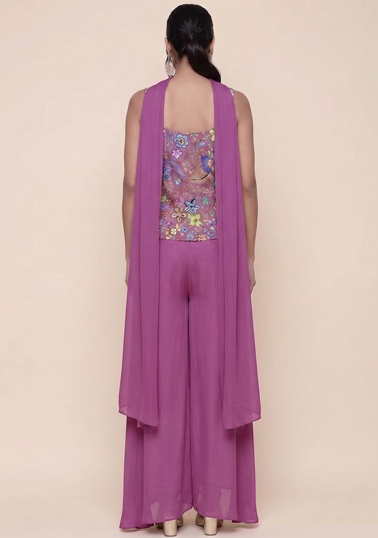Magenta Purple Printed Chinon Fusion Set - Indya