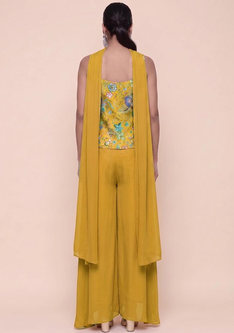 Mustard Yellow Printed Chinon Fusion Set - Indya