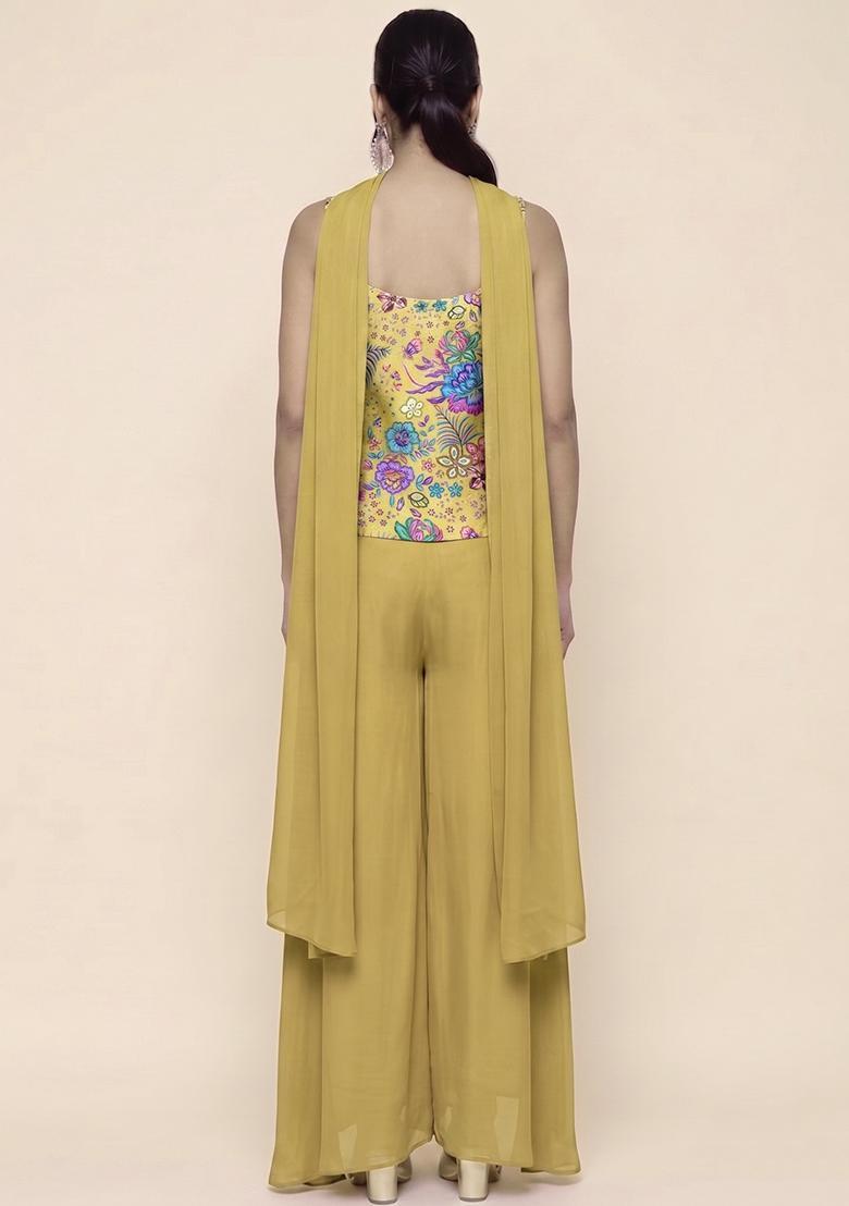 Golden Brown Printed Chinon Fusion Set - Indya
