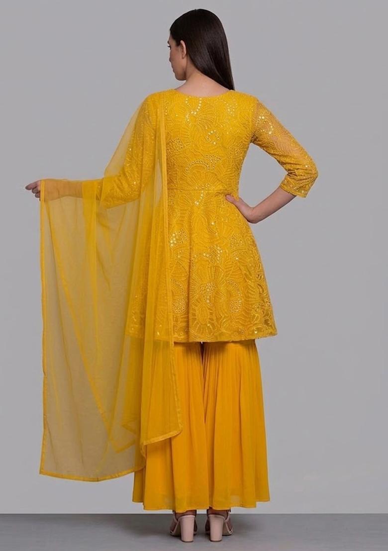 Mustard Yellow Mirror Viscose Sharara Set - Indya