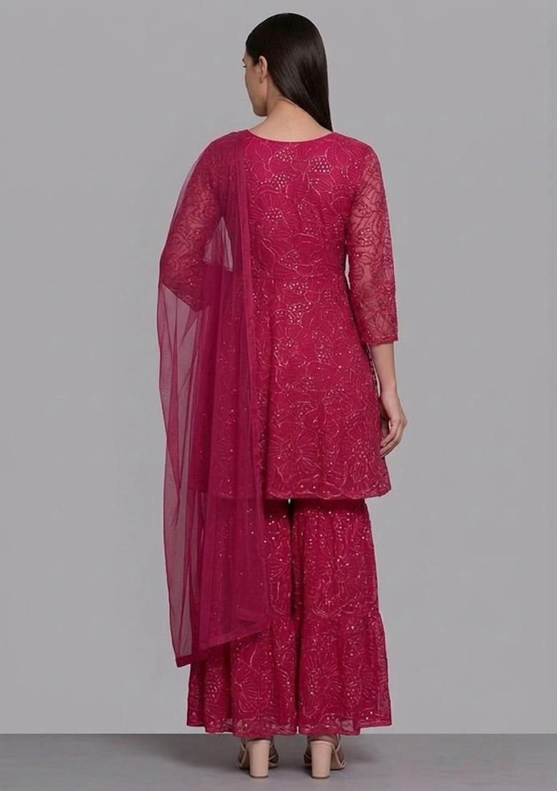 Magenta Pink Mirror Viscose Sharara Set - Indya