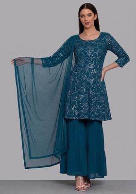 Blue Mirror Viscose Sharara Set