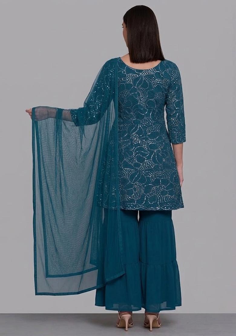 Blue Mirror Viscose Sharara Set - Indya
