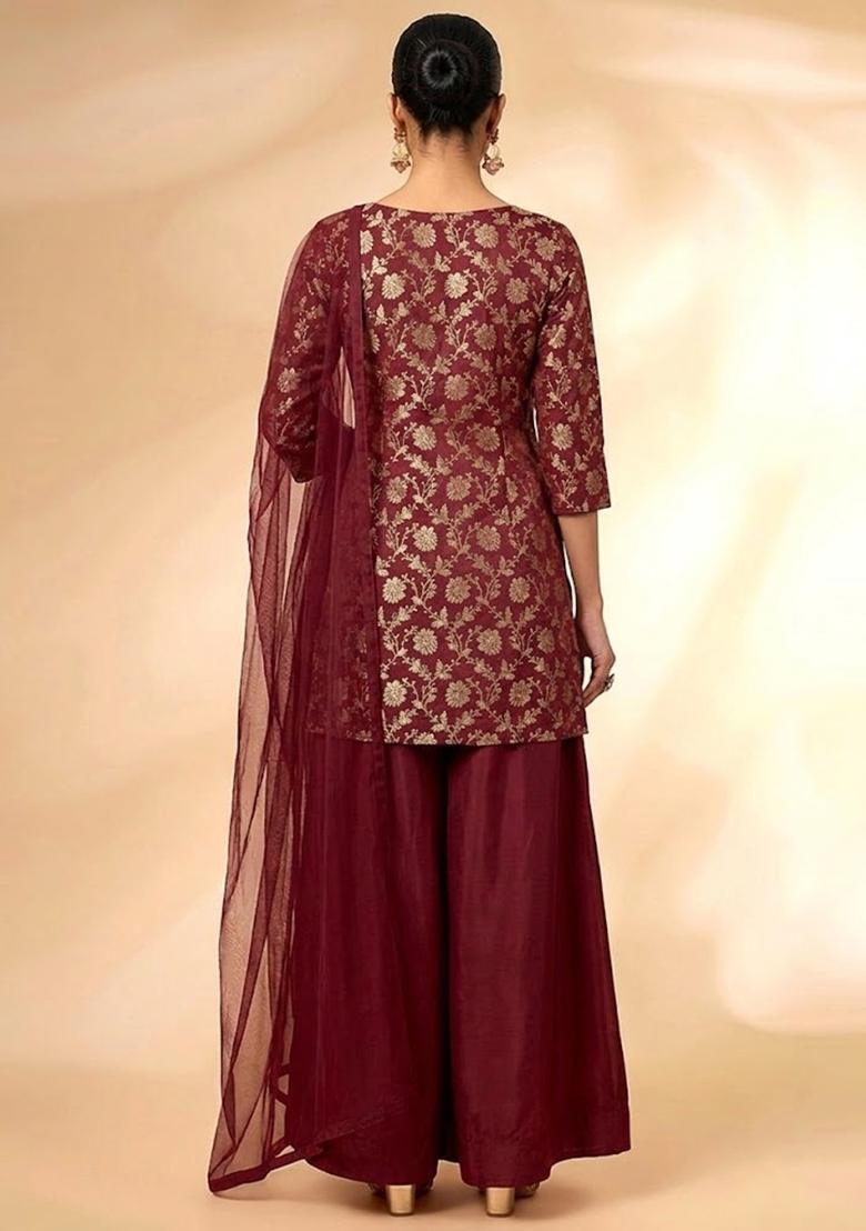 Maroon Red Brocade Sharara Set - Indya