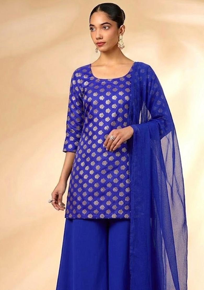 Royal Blue Zari Brocade Sharara Set - Indya