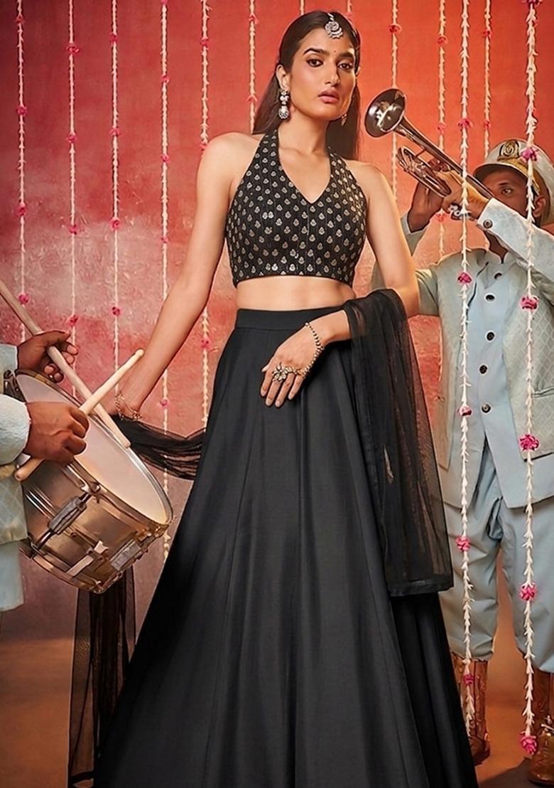 Jet Black Chanderi Lehenga Set - Indya