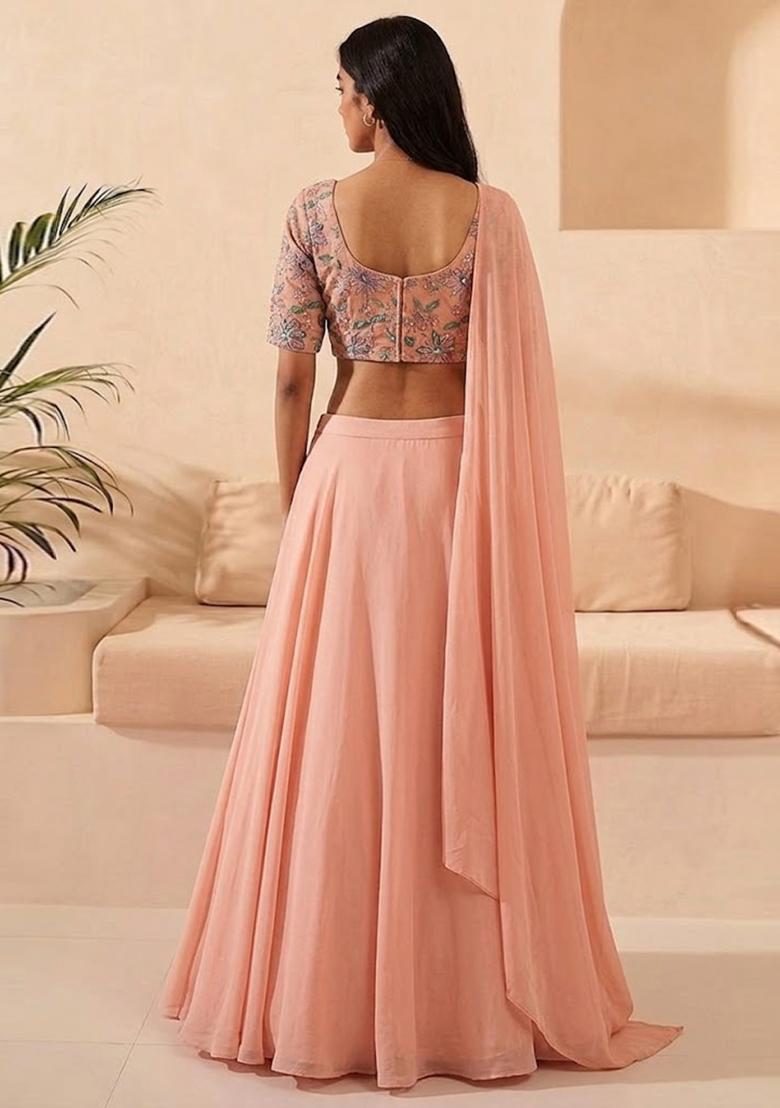 Peach Printed Organza Lehenga Set - Indya