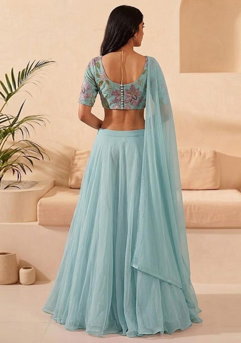 Ice Blue Printed Organza Lehenga Set - Indya