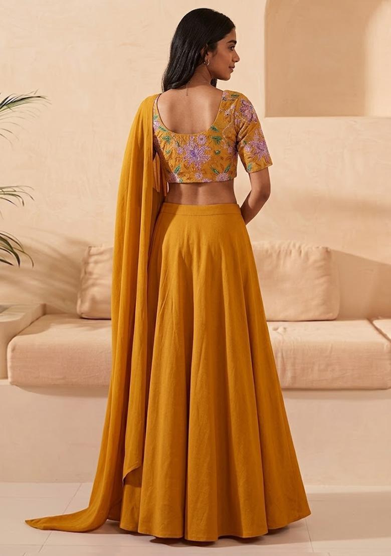 Mustard Yellow Printed Organza Lehenga Set - Indya