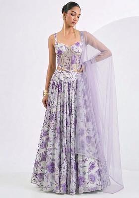 Lavender Purple Printed Organza Lehenga Set