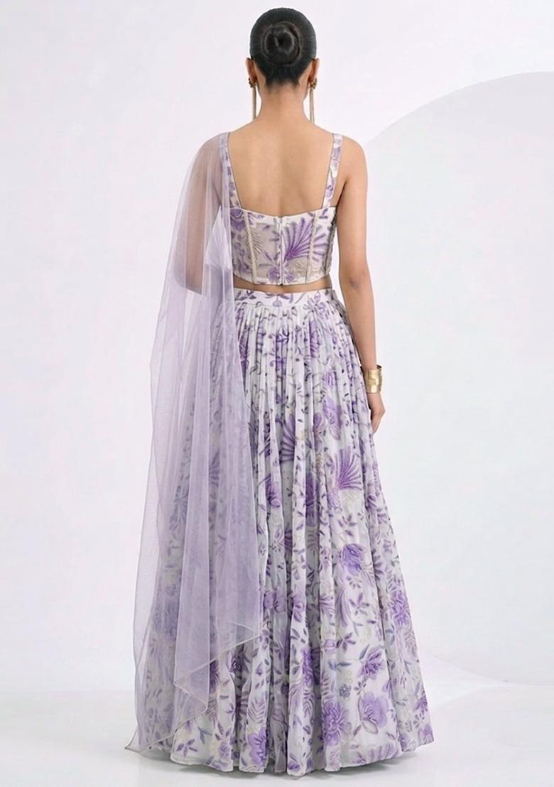 Lavender Purple Printed Organza Lehenga Set - Indya