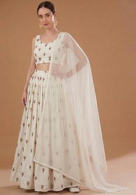 White Embroidered Silk Blend Lehenga Set