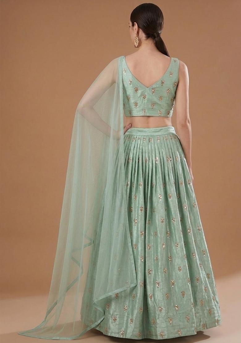 Mint Green Embroidered Silk Blend Lehenga Set - Indya