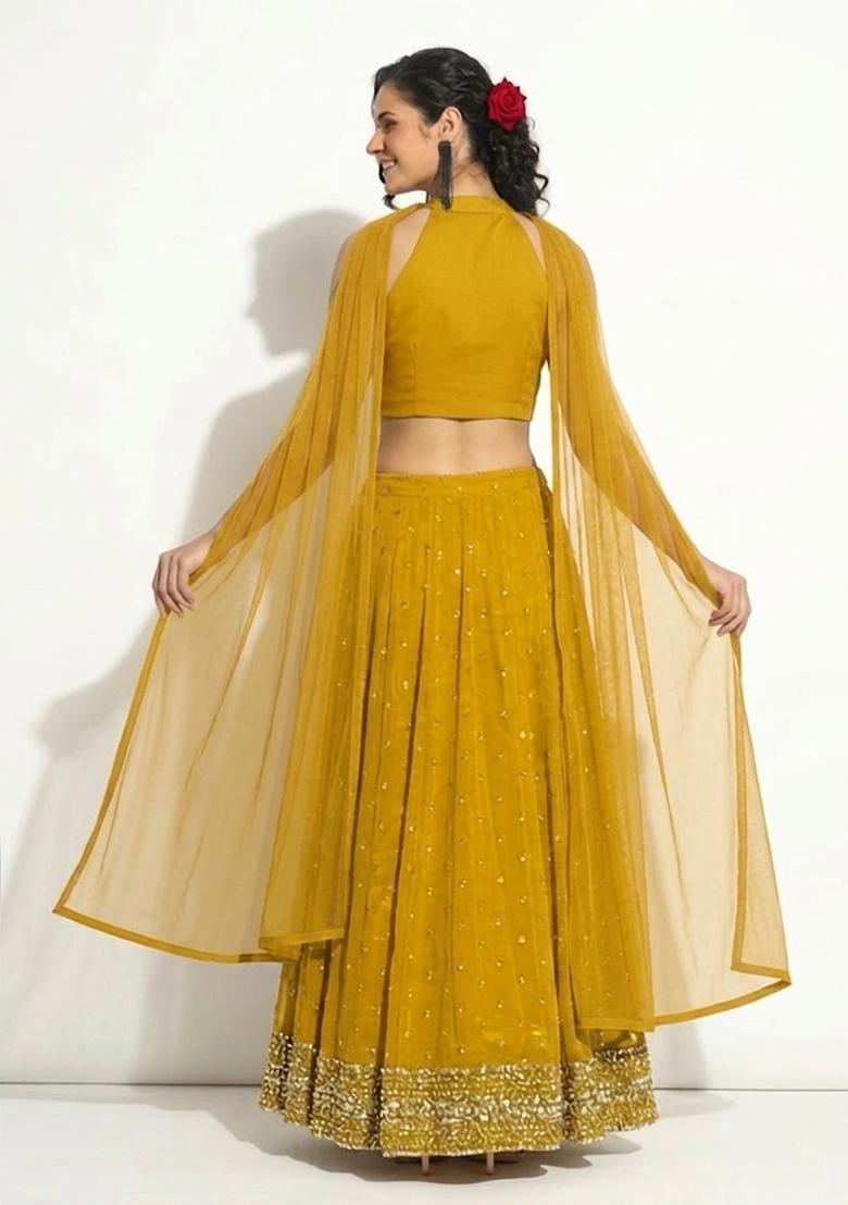 Olive Green Sequin Net Lehenga Set - Indya