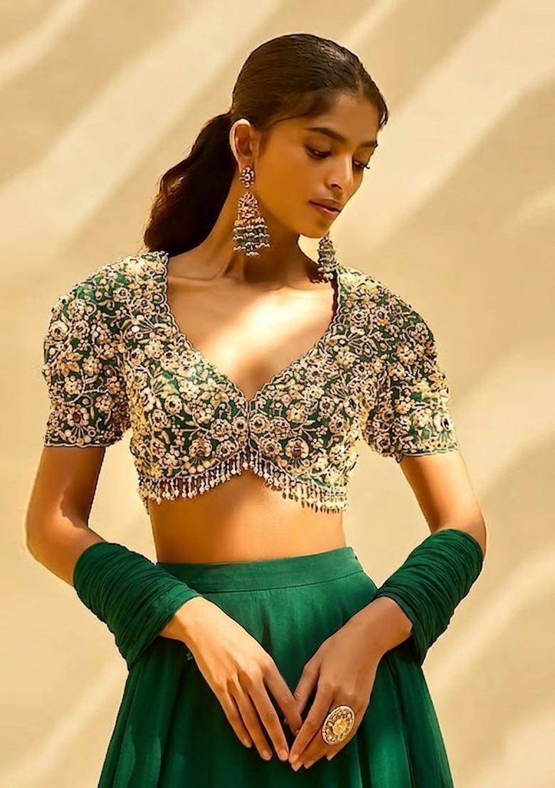 Forest Green Handwork Lehenga Set - Indya