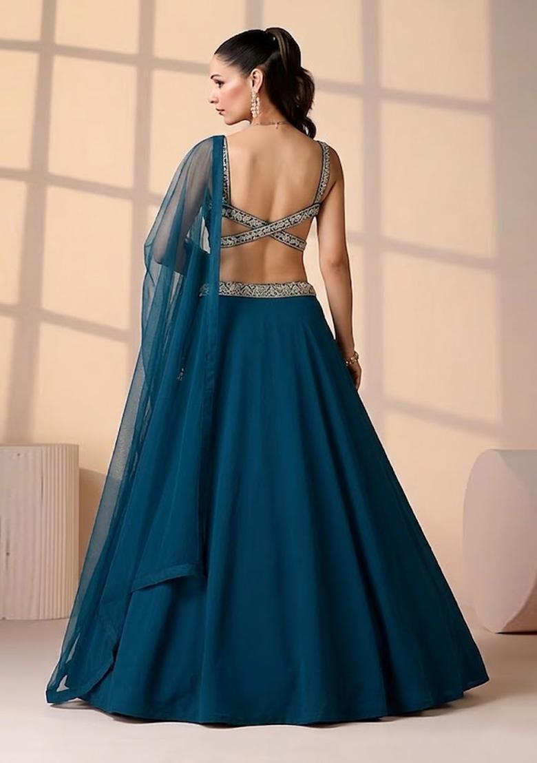 Teal Blue Handwork Lehenga Set - Indya