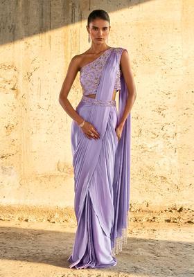 Lavender Purple Handwork Pre Draped Saree Set