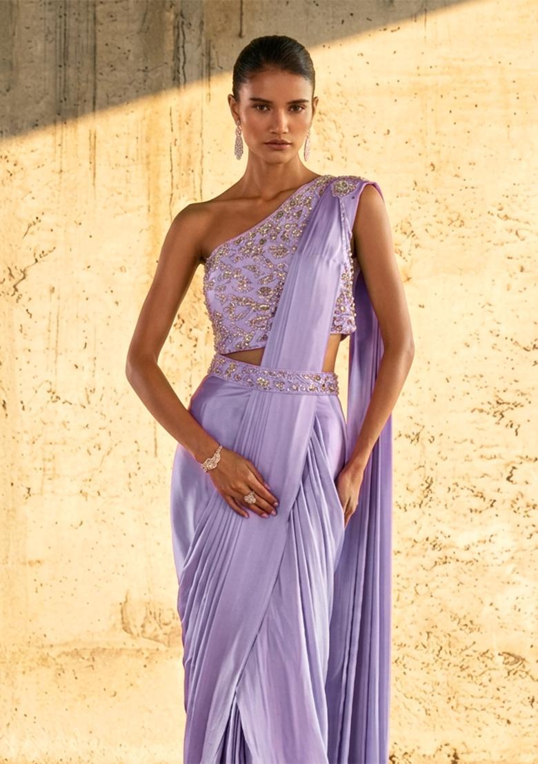 Lavender Purple Handwork Pre Draped Saree Set - Indya