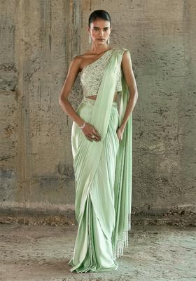Mint Green Handwork Pre Draped Saree Set