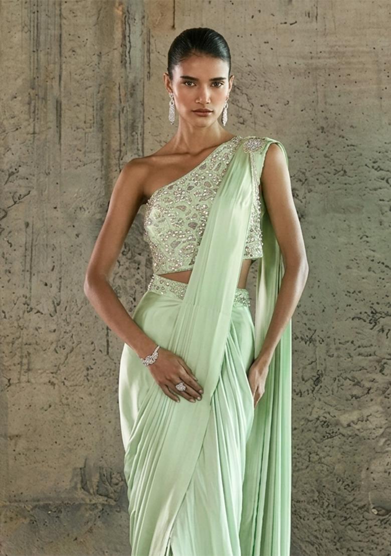 Mint Green Handwork Pre Draped Saree Set - Indya