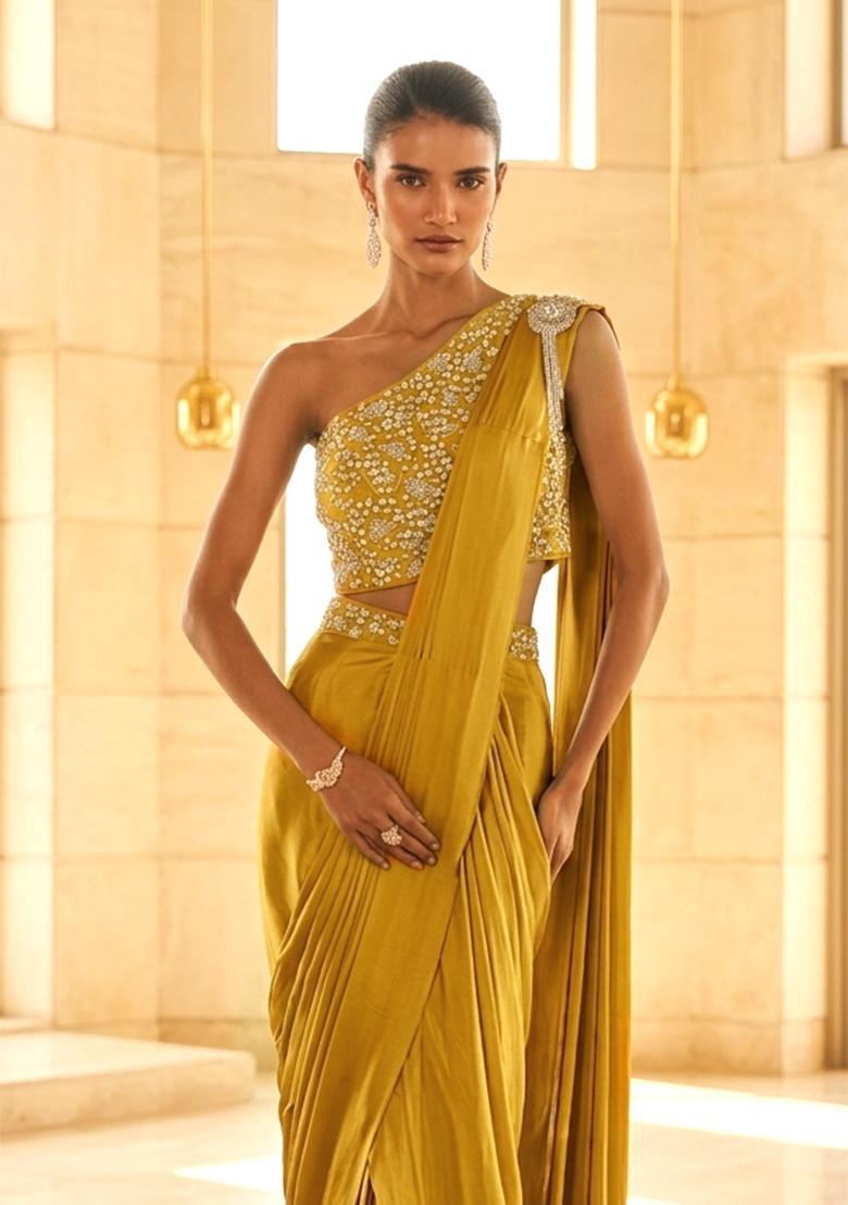 Mustard Yellow Handwork Pre Draped Saree Set - Indya