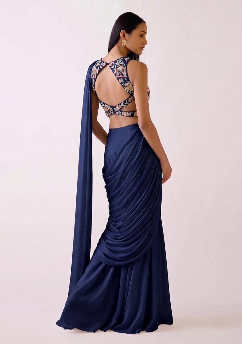 Navy Blue Embroidered Tissue Pre Draped Saree Set - Indya