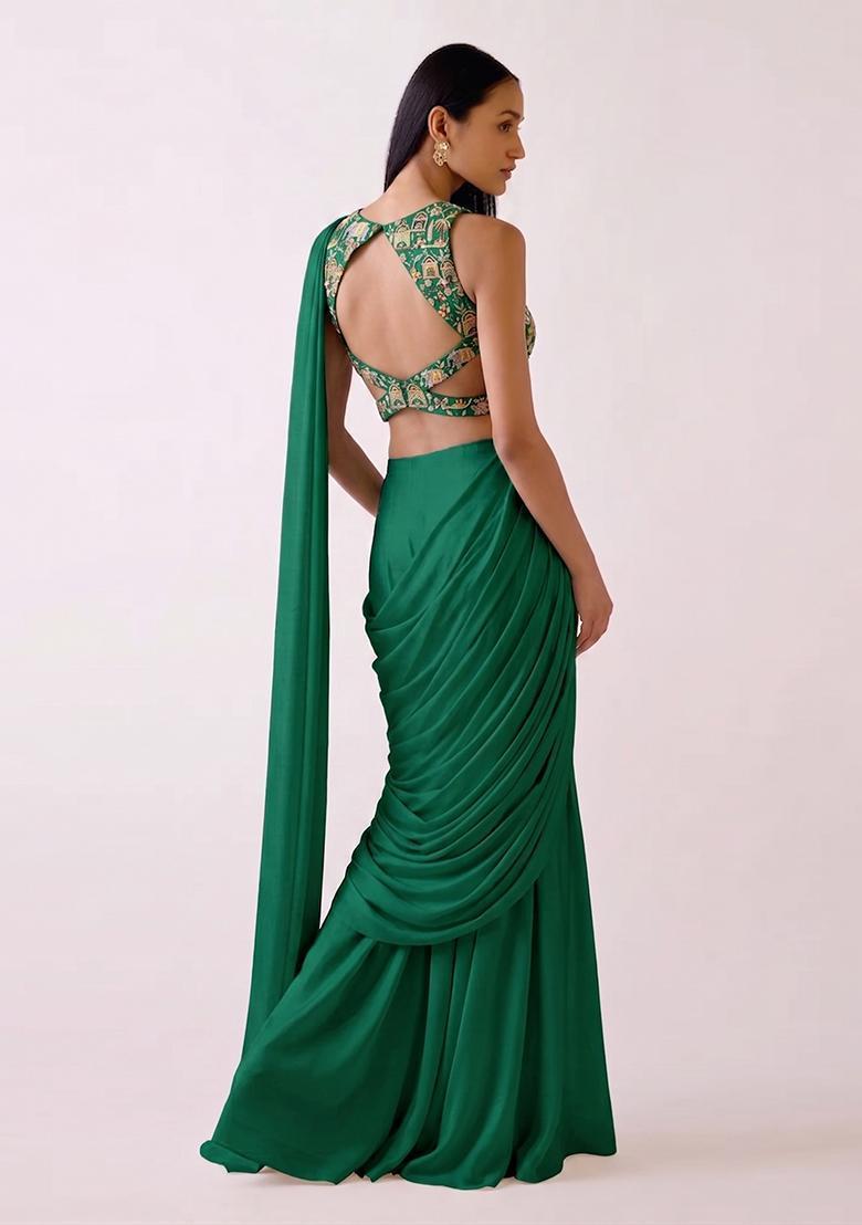Green Embroidered Tissue Pre Draped Saree Set - Indya